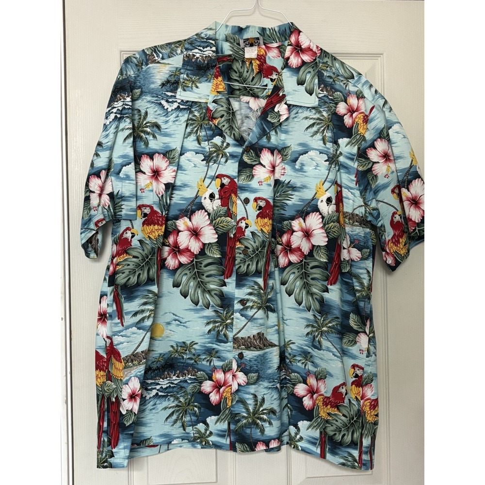 Vintage Hawaiian Shirt 3X Parrots Macaw Cockatoo Pocket Cotton Gray Colorful